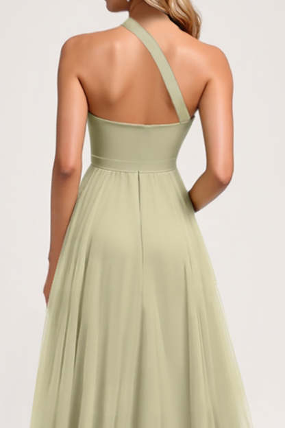 Dusty Sage One Shoulder A Line Maxi Bridesmaid Dress