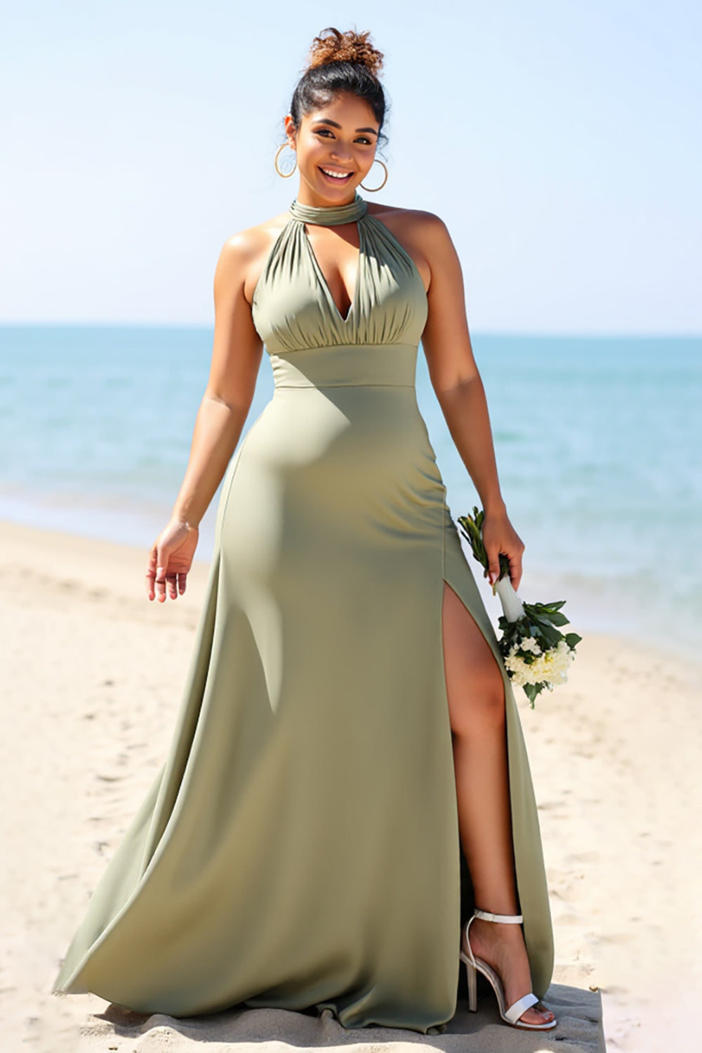 Leely Women Olive Plus Size Satin Maxi Bridesmaid Dress with Slit High Neck Backless V-Neck Sheath Wedding Guest Dress