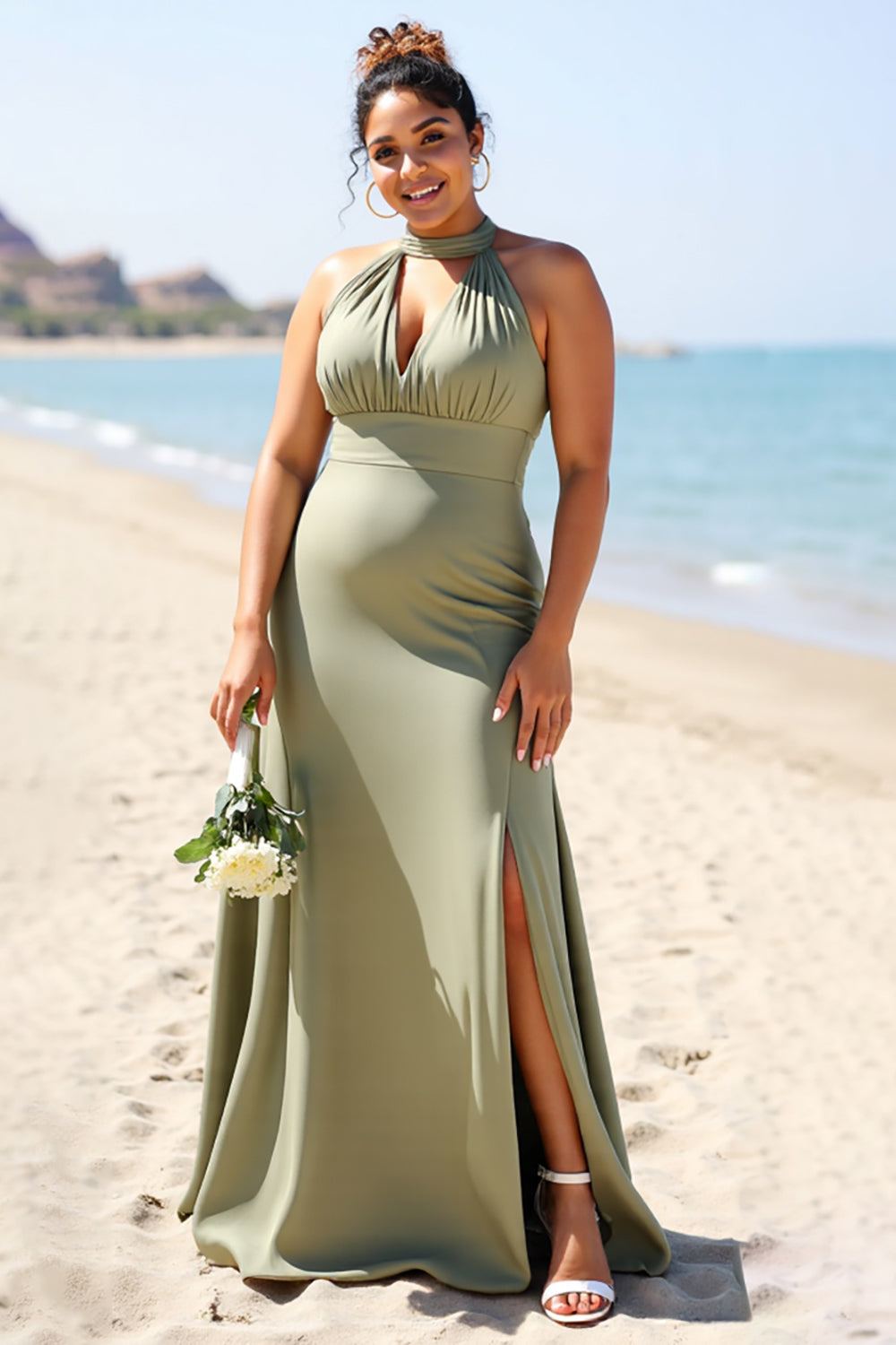 Olive Plus Size Halter Sheath Satin Maxi Bridesmaid Dress with Slit