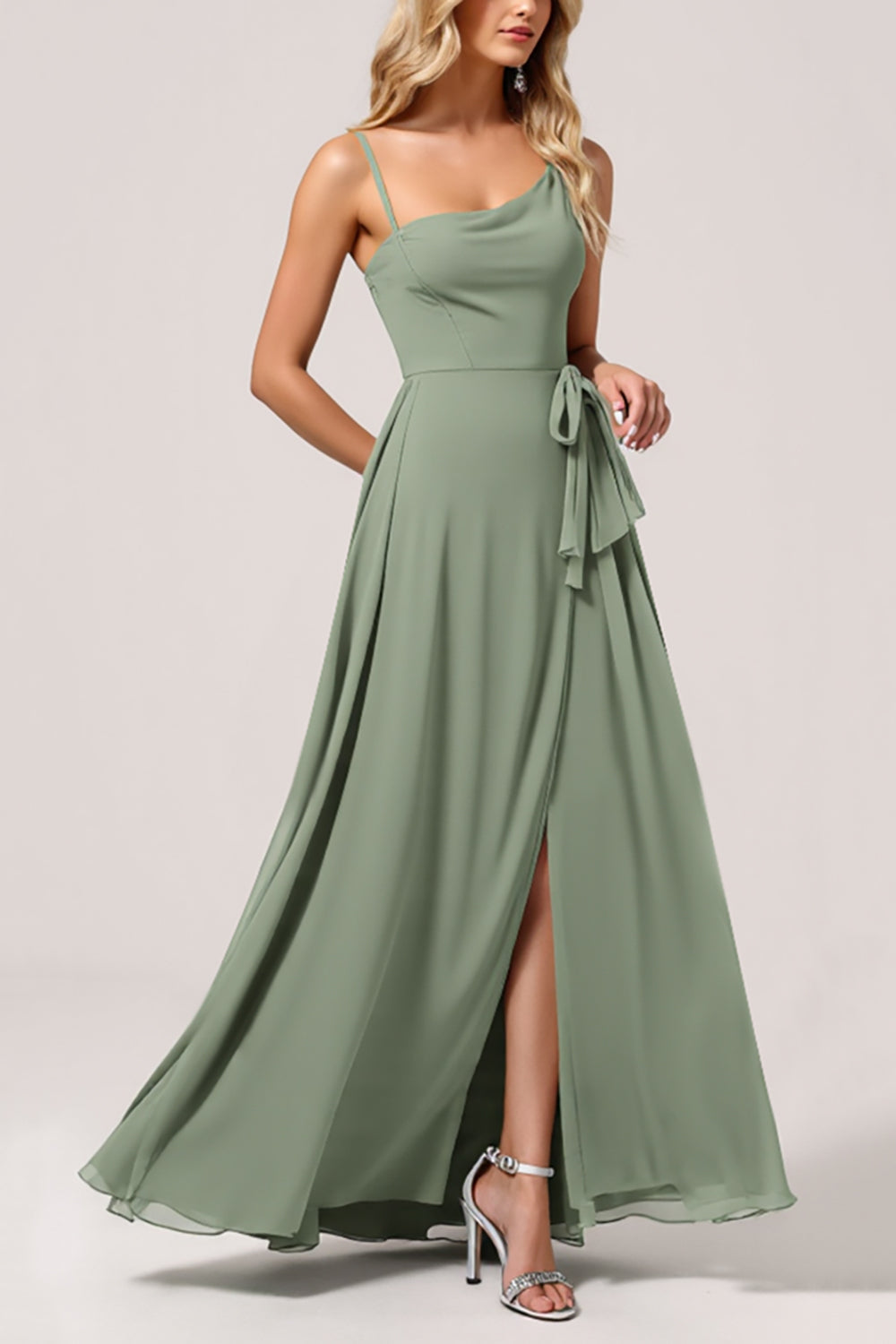 Leely Women Eucalyptus Spaghetti Straps A Line Maxi Bridesmaid Dress with Slit Backless Wedding Guest Dress with Strings