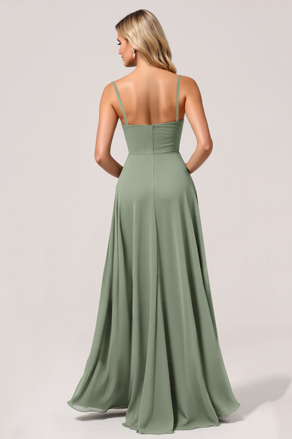 Eucalyptus A Line Spaghetti Straps Maxi Bridesmaid Dress with Slit