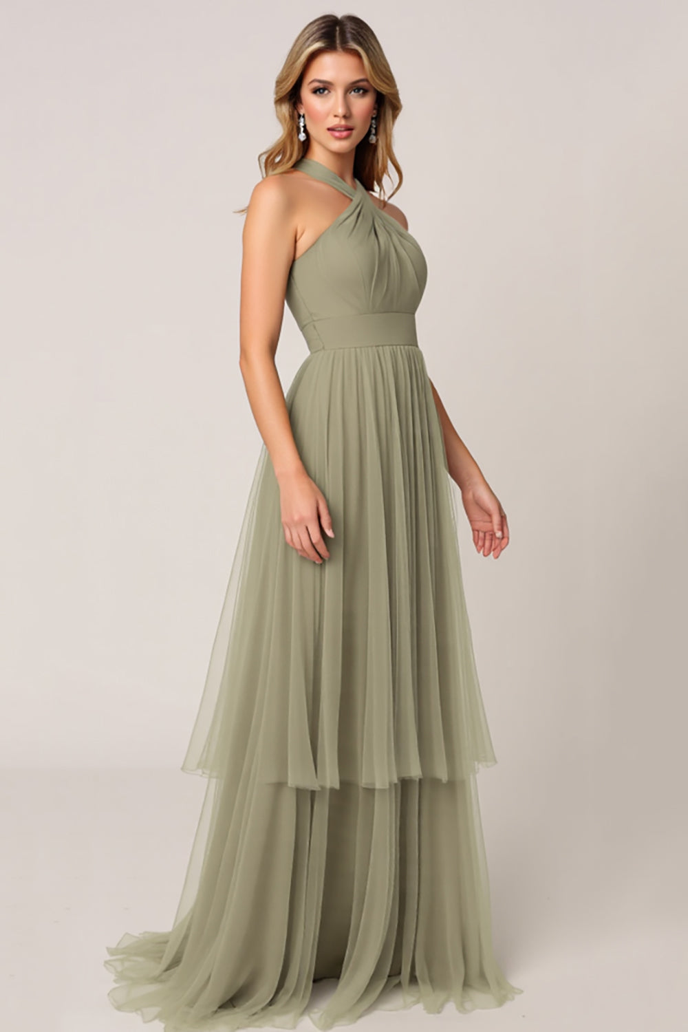 Leely Women Olive Tulle Tiered Maxi Bridesmaid Dress Halter A Line Wedding Guest Dress