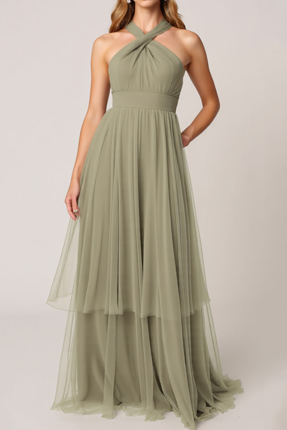 Olive Tulle A Line Tiered Halter Maxi Bridesmaid Dress