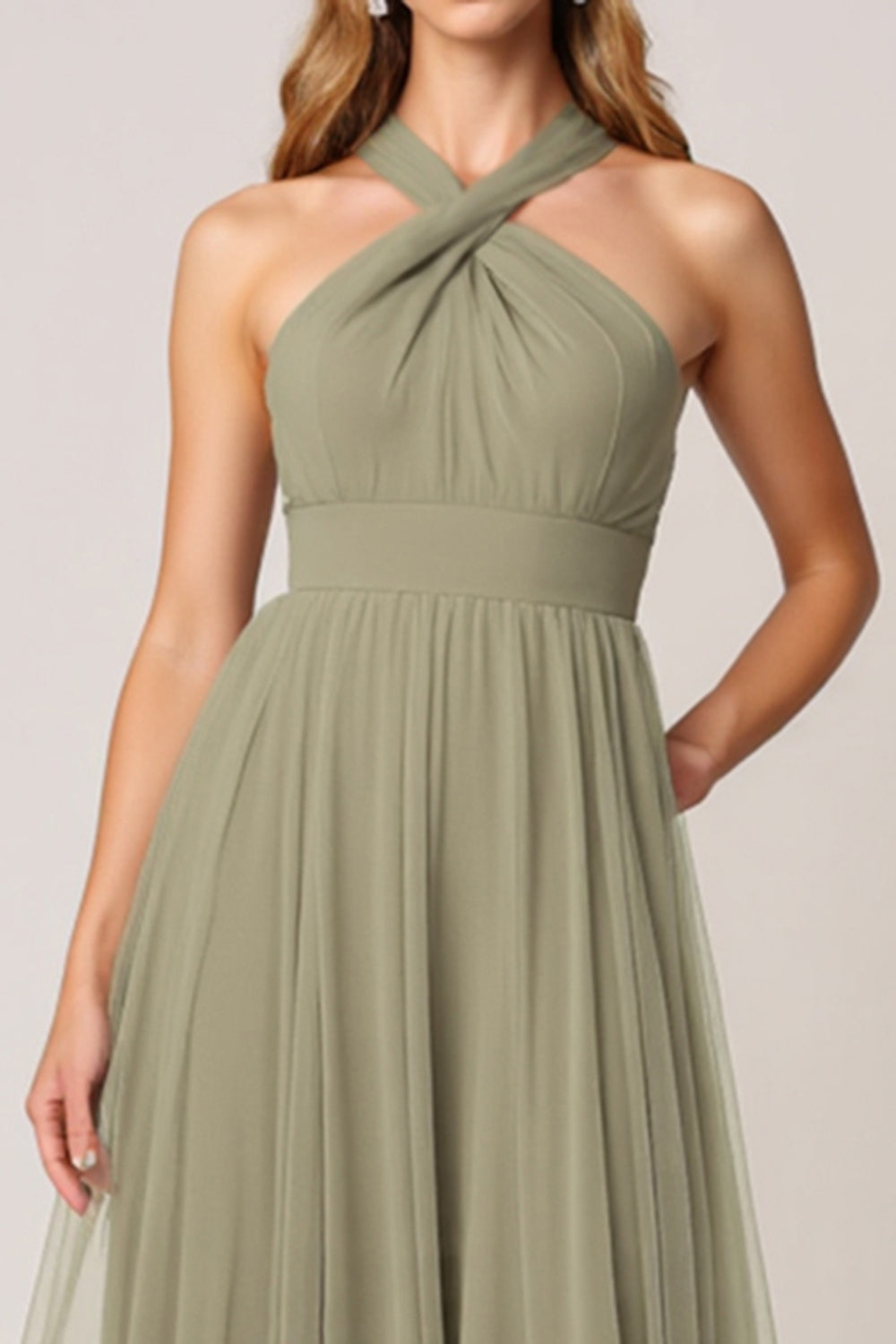 Olive Tulle A Line Tiered Halter Maxi Bridesmaid Dress