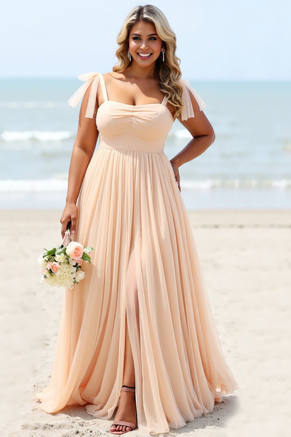 Apricot Chiffon Boho Plus Size Maxi Bridesmaid Dress with Slit