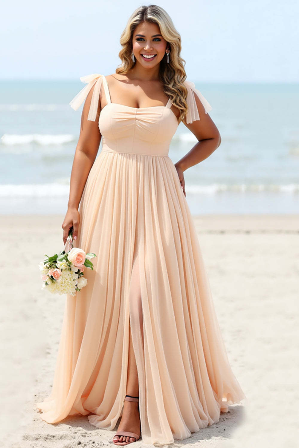 Leely Women Apricot Plus Size Chiffon Boho Maxi Bridesmaid Dress A Line Spaghetti Straps Wedding Guest Dress with Slit