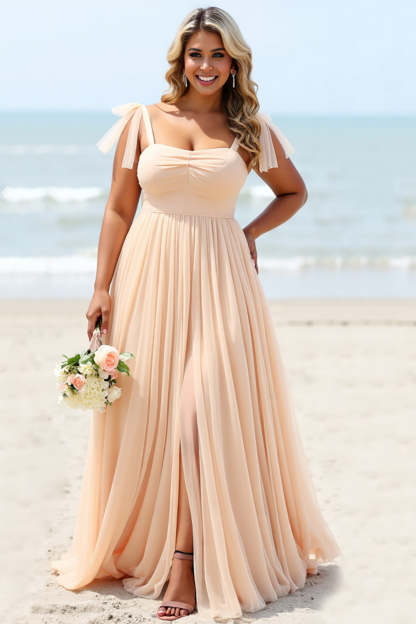 Leely Women Apricot Plus Size Chiffon Boho Maxi Bridesmaid Dress A Line Spaghetti Straps Wedding Guest Dress with Slit