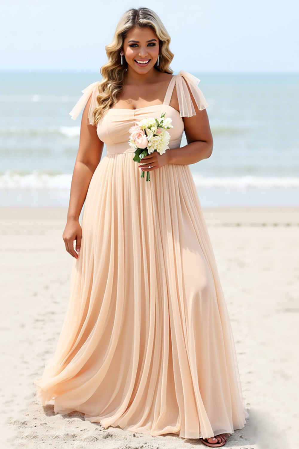 Apricot Chiffon Boho Plus Size Maxi Bridesmaid Dress with Slit