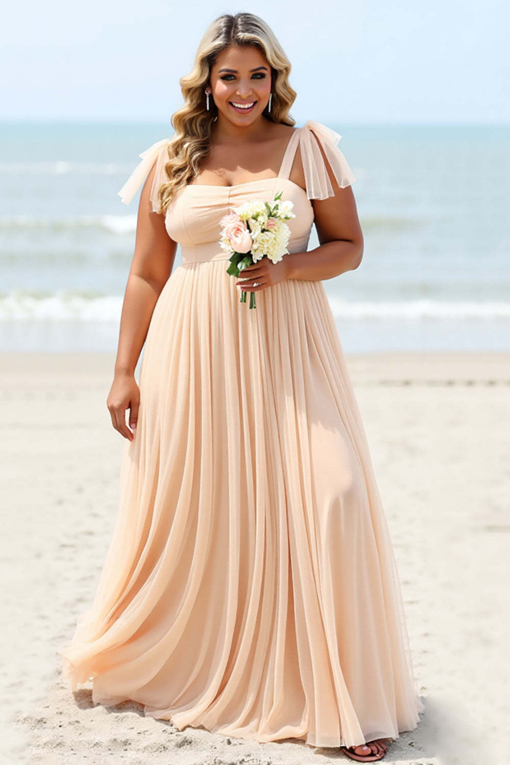 Apricot Chiffon Boho Plus Size Maxi Bridesmaid Dress with Slit