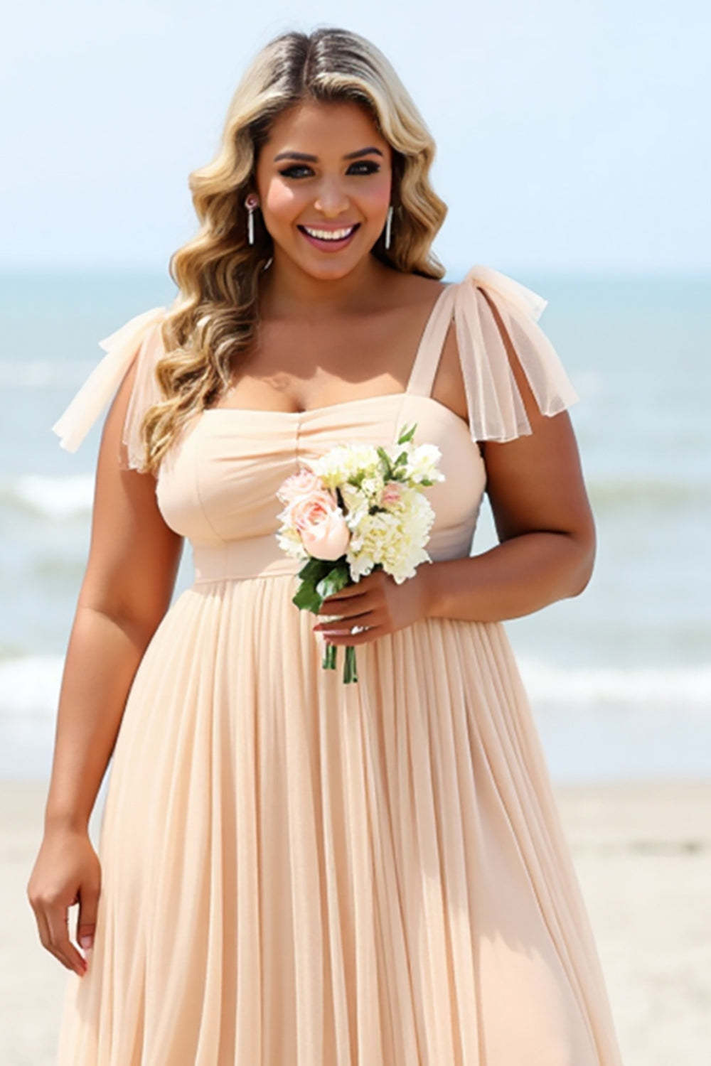 Apricot Chiffon Boho Plus Size Maxi Bridesmaid Dress with Slit