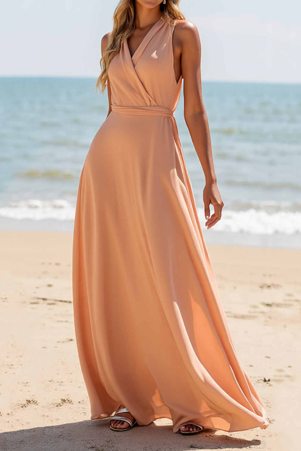 Leely Women Sunset Chiffon Boho Maxi Bridesmaid Dress V-Neck A Line Wedding Guest Dress