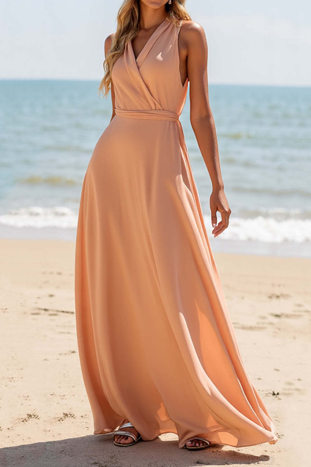 Leely Women Sunset Chiffon Boho Maxi Bridesmaid Dress V-Neck A Line Wedding Guest Dress