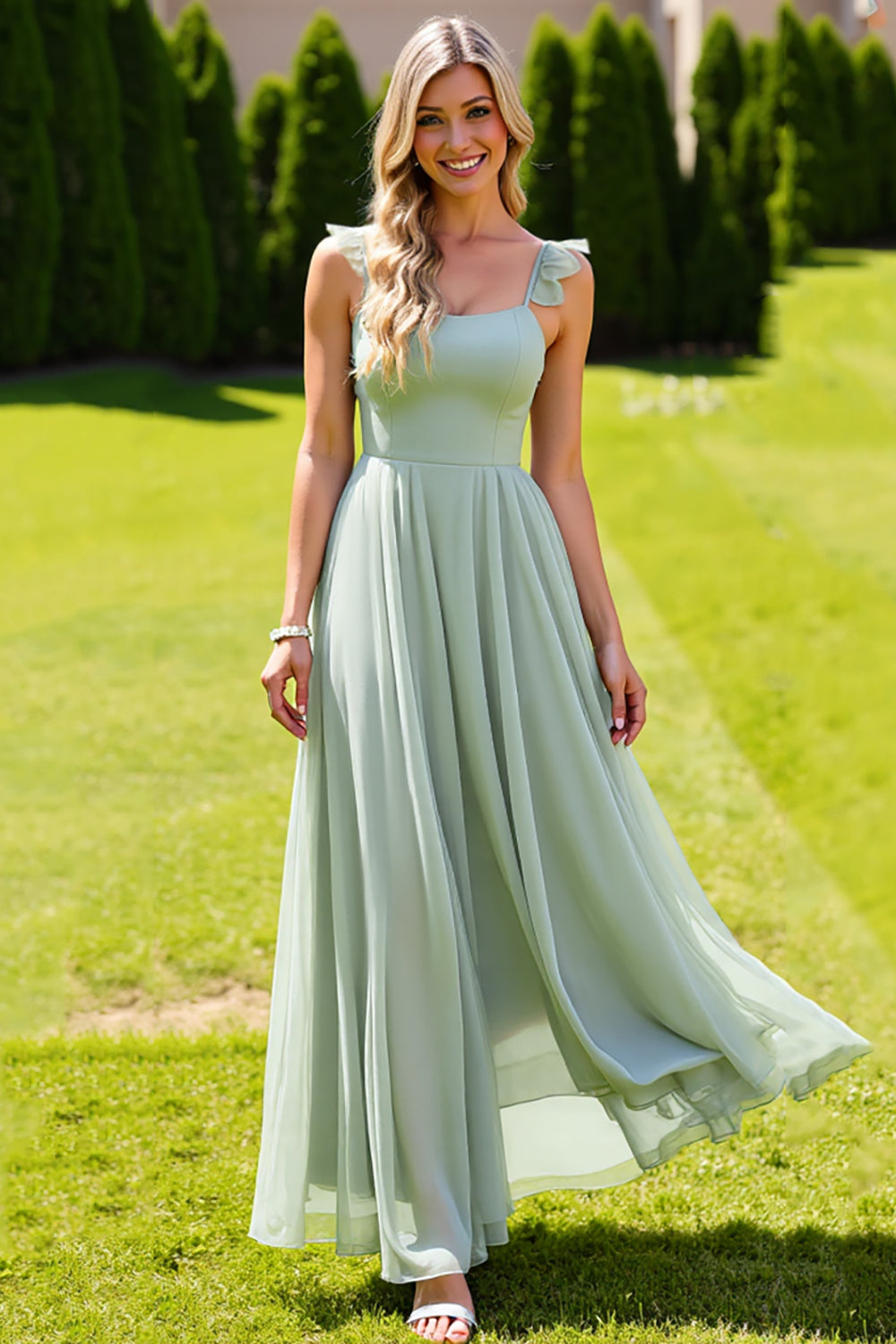 Leely Women Sage Green Chiffon A Line Maxi Bridesmaid Dress Backless Spaghetti Straps Wedding Guest Dress
