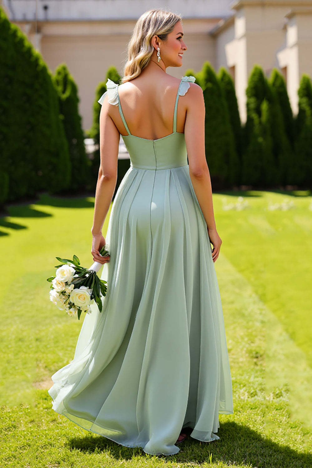 Sage Green Spaghetti Straps Maxi Bridesmaid Dress with Ruffles
