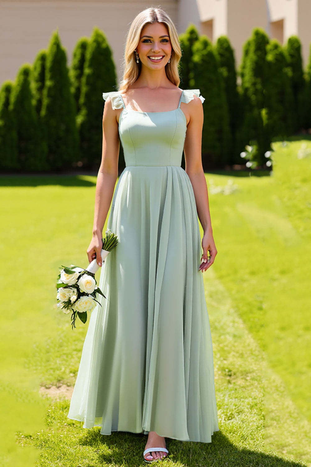 Sage Green Spaghetti Straps Maxi Bridesmaid Dress with Ruffles