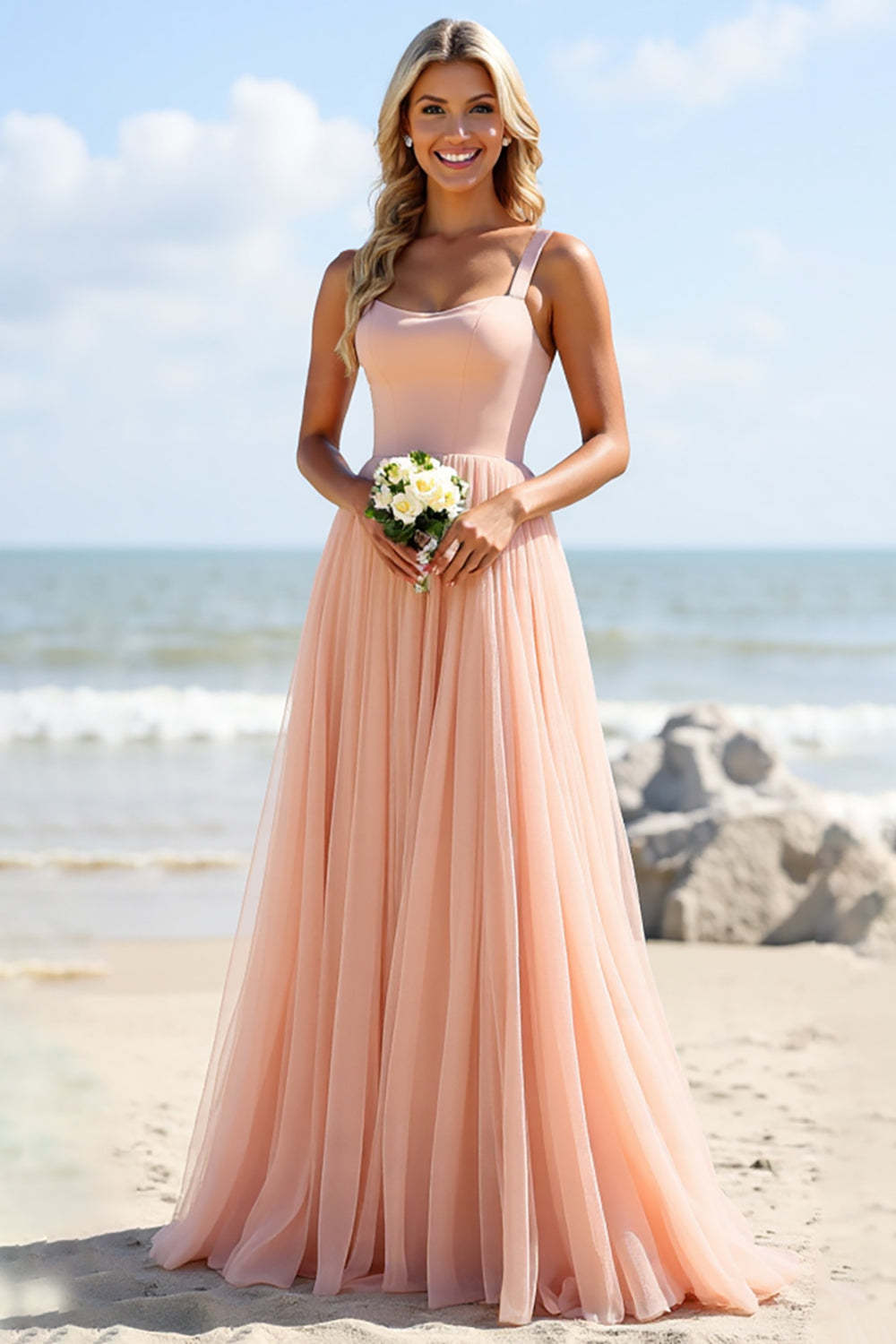 Leely Women Blush A Line Boho Maxi Bridesmaid Dress Spaghetti Straps Chiffon Backless Wedding Guest Dress