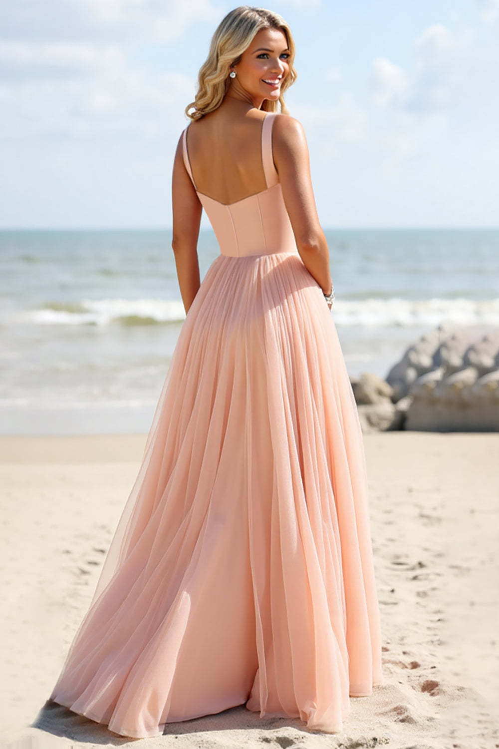 Blush A Line Spaghetti Straps Boho Maxi Bridesmaid Dress