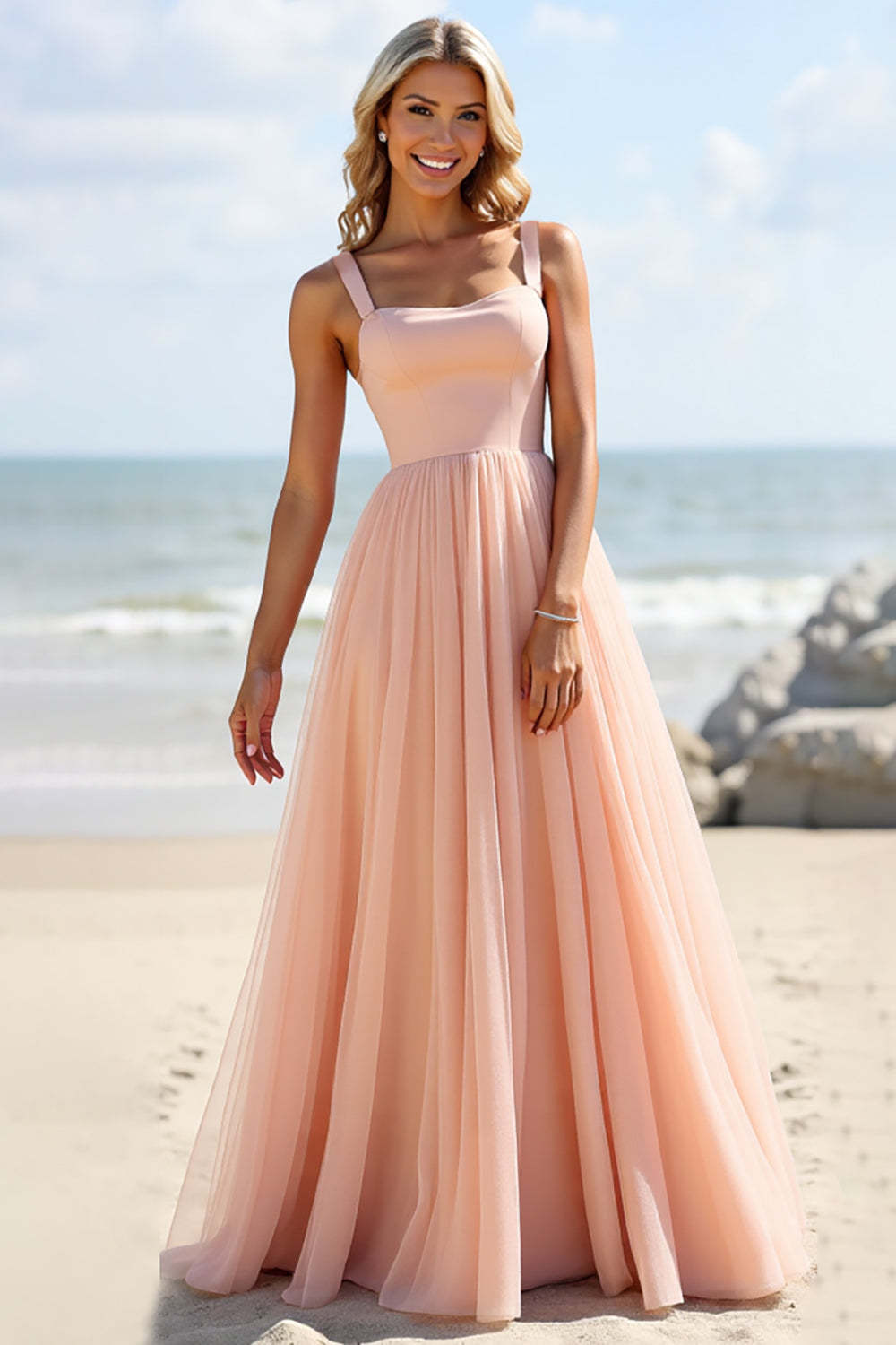 Blush A Line Spaghetti Straps Boho Maxi Bridesmaid Dress