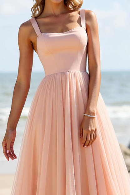 Blush A Line Spaghetti Straps Boho Maxi Bridesmaid Dress