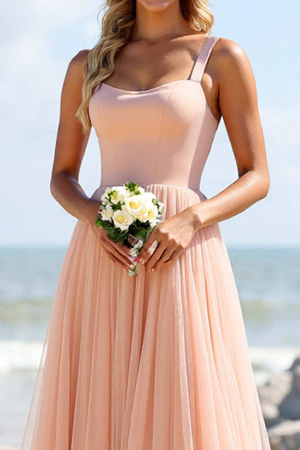 Blush A Line Spaghetti Straps Boho Maxi Bridesmaid Dress
