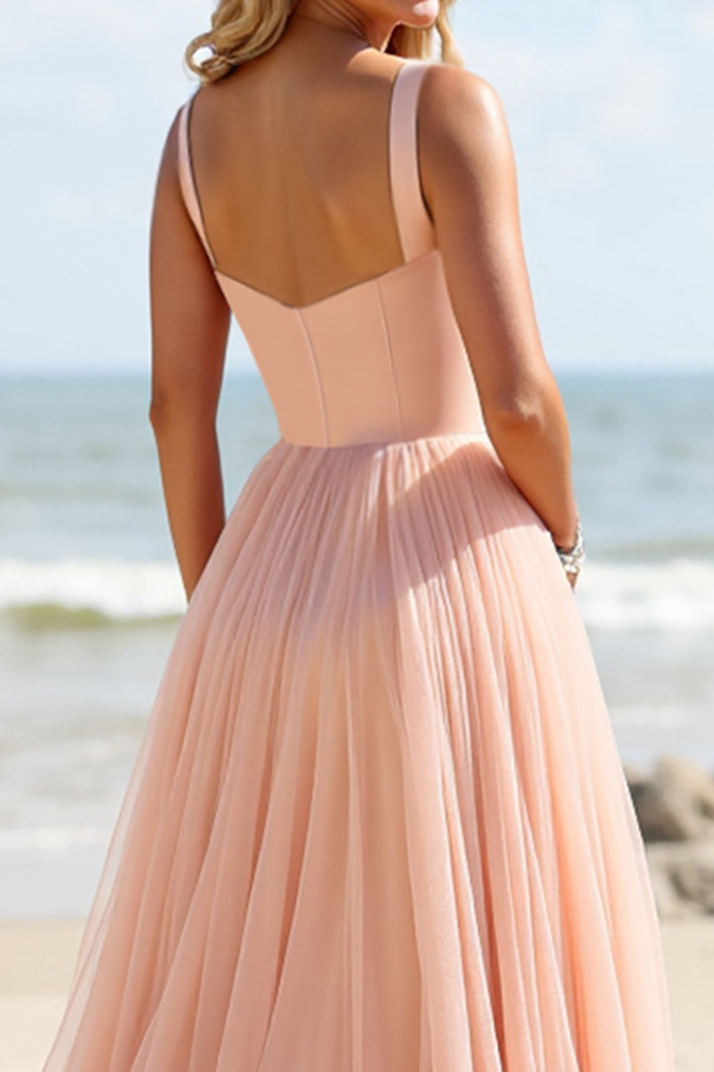 Blush A Line Spaghetti Straps Boho Maxi Bridesmaid Dress