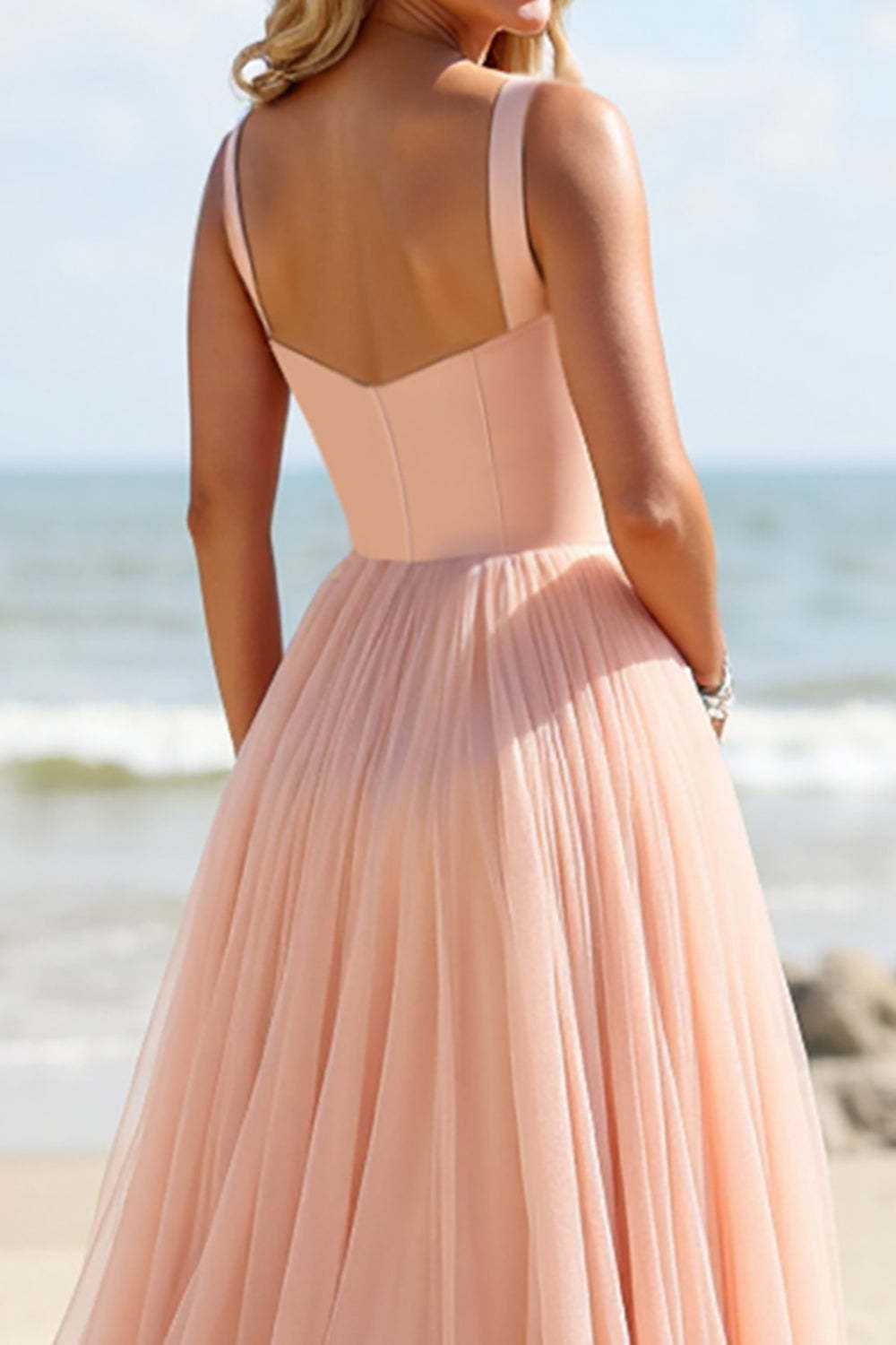 Blush A Line Spaghetti Straps Boho Maxi Bridesmaid Dress