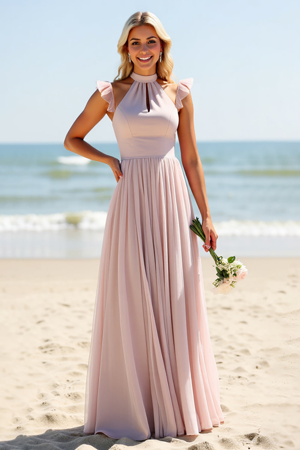 Leely Women Candy Pink A Line Chiffon Boho Maxi Bridesmaid Dress High Neck Backless Wedding Guest Dress with Ruffles
