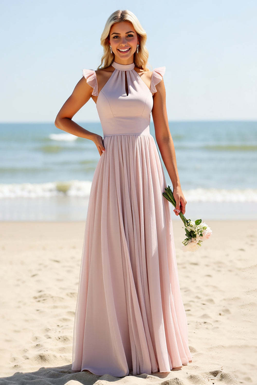 Leely Women Candy Pink A Line Chiffon Boho Maxi Bridesmaid Dress High Neck Backless Wedding Guest Dress with Ruffles