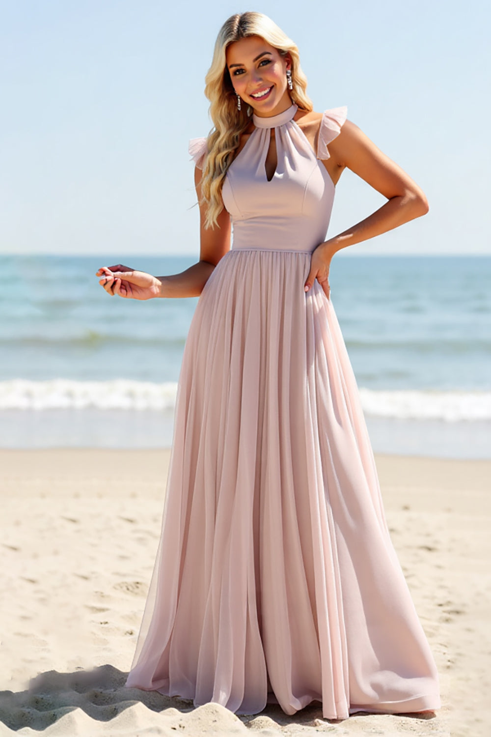 Candy Pink A Line Keyhole Chiffon Boho Maxi Bridesmaid Dress