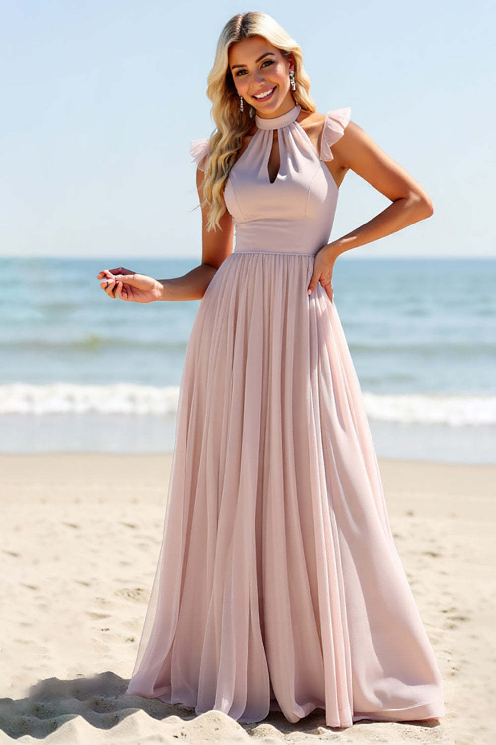 Candy Pink A Line Keyhole Chiffon Boho Maxi Bridesmaid Dress