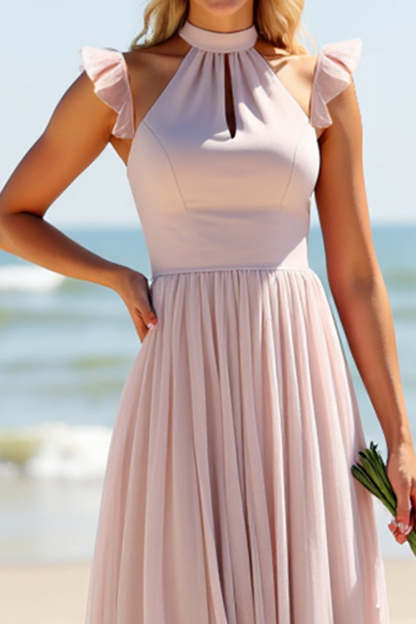 Candy Pink A Line Keyhole Chiffon Boho Maxi Bridesmaid Dress