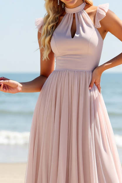 Candy Pink A Line Keyhole Chiffon Boho Maxi Bridesmaid Dress