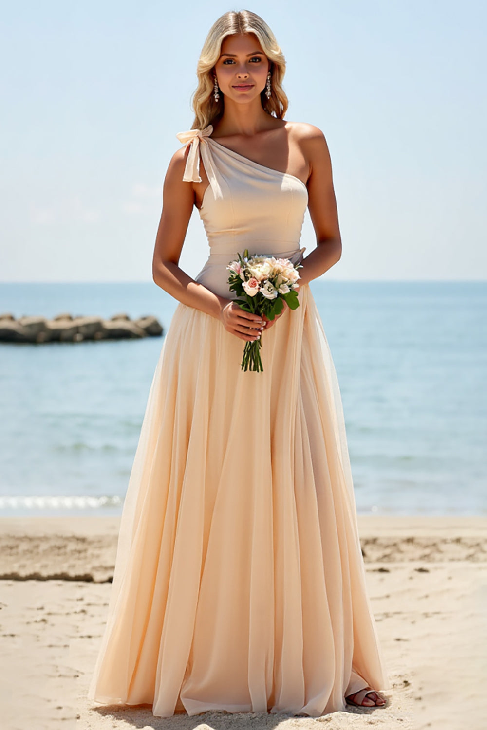 Leely Women Apricot Chiffon Boho Maxi Bridesmaid Dress One Shoulder A Line Wedding Guest Dress