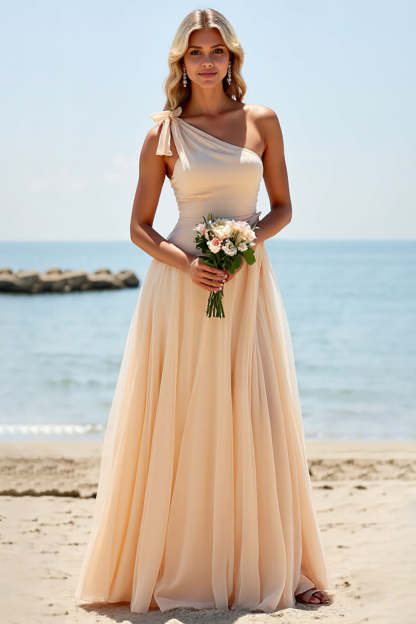 Leely Women Apricot Chiffon Boho Maxi Bridesmaid Dress One Shoulder A Line Wedding Guest Dress