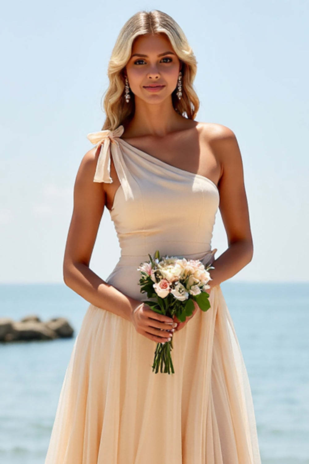Apricot One Shoulder A Line Boho Maxi Bridesmaid Dress