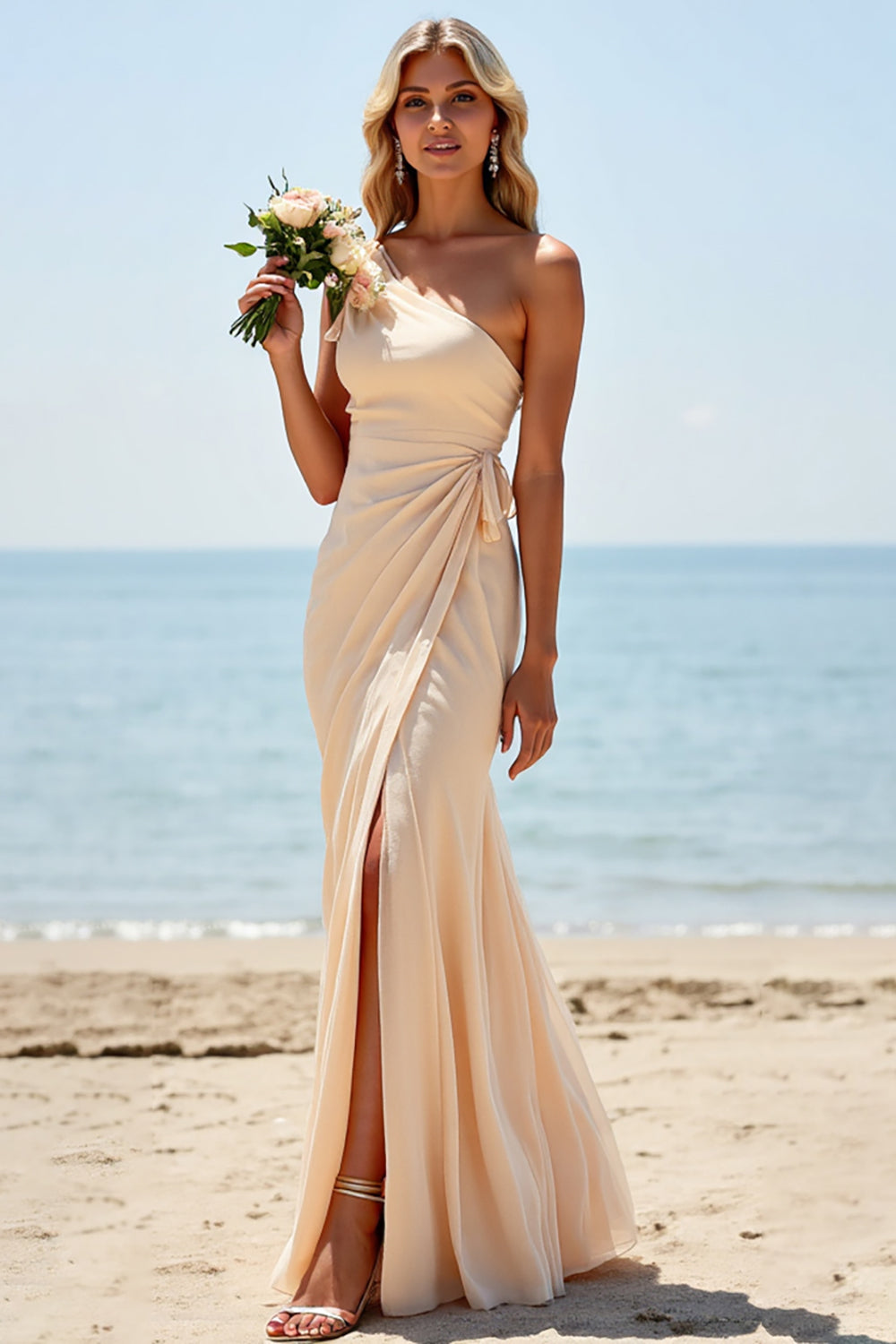 Leely Women Apricot Boho Maxi Bridesmaid Dress with Slit Ruched One Shoulder Sheath Wedding Guest Dress