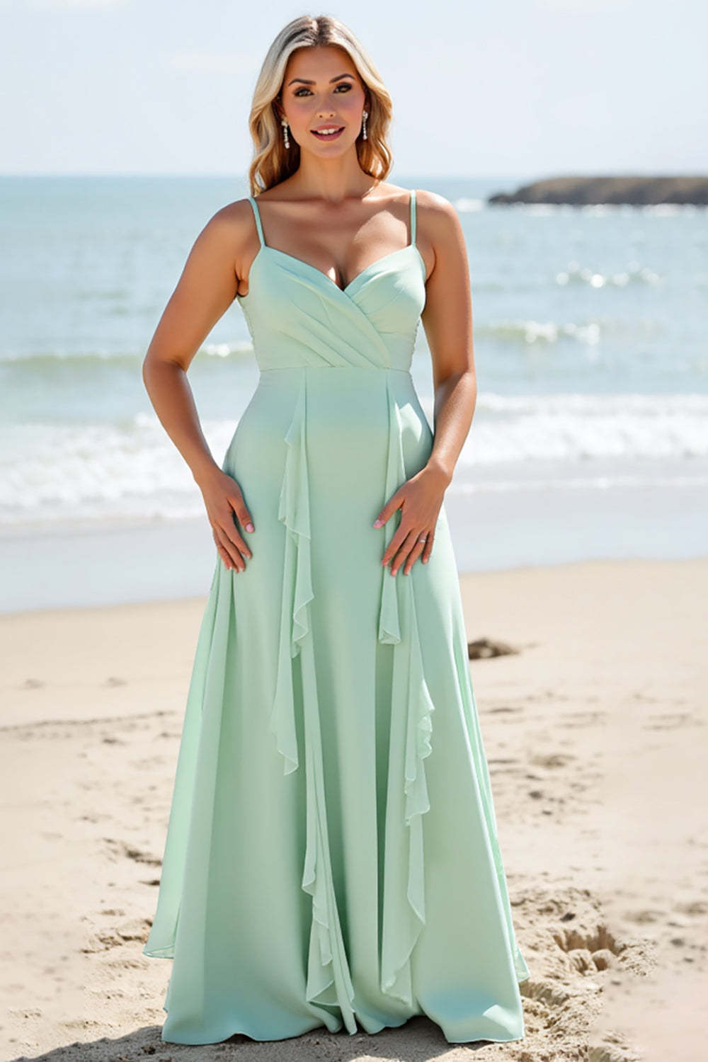 Leely Women Mint Green Chiffon Boho Plus Size Maxi Bridesmaid Dress with Ruffles A Line Ruched Spaghetti Straps Wedding Guest Dress