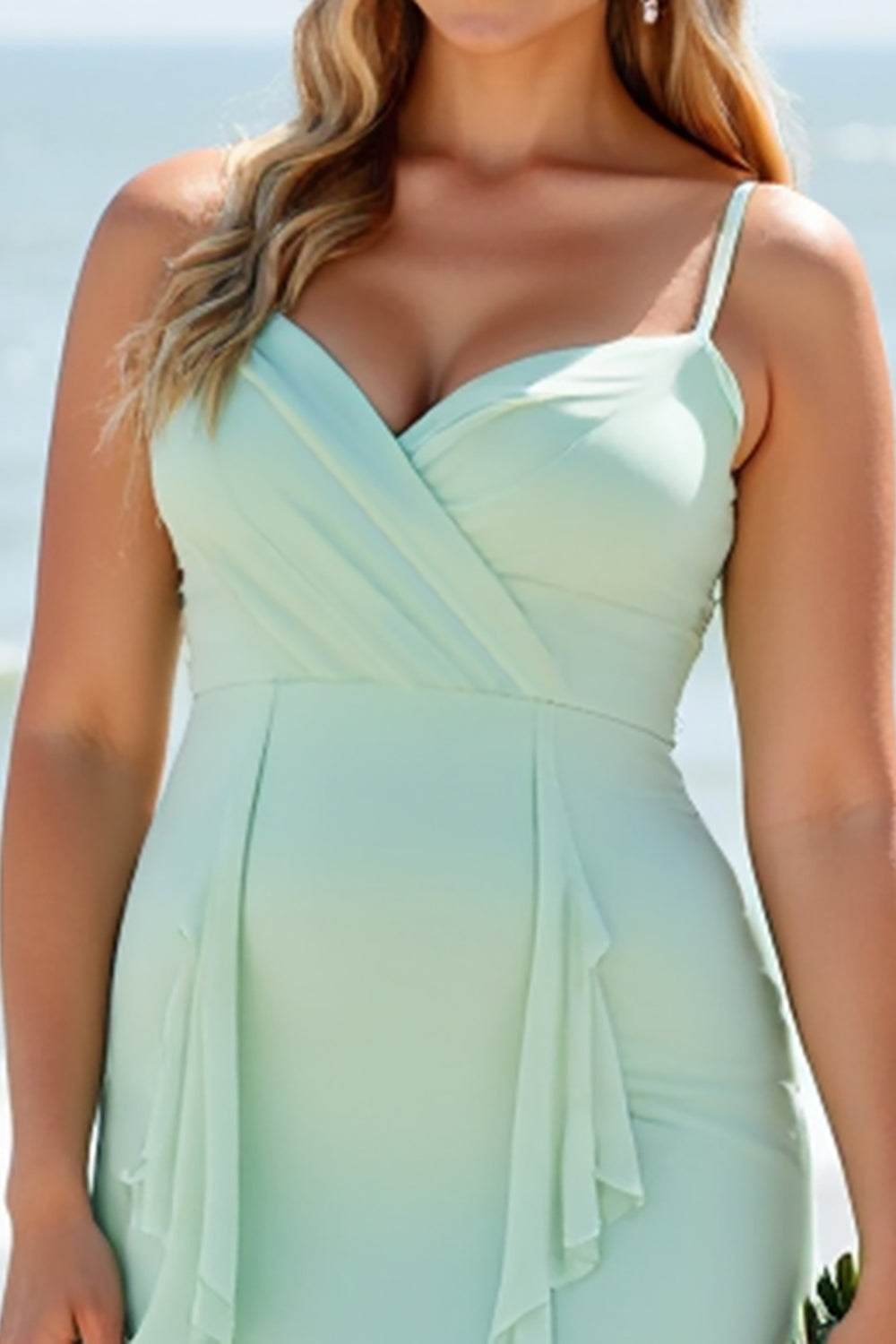 Mint Green Chiffon Plus Size Boho Maxi Bridesmaid Dress with Ruffles