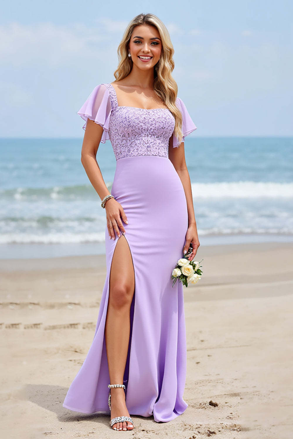 Leely Women Lilac Chiffon Boho Maxi Bridesmaid Dress with Slit Flutter Sleeves Sheath Wedding Guest Dress