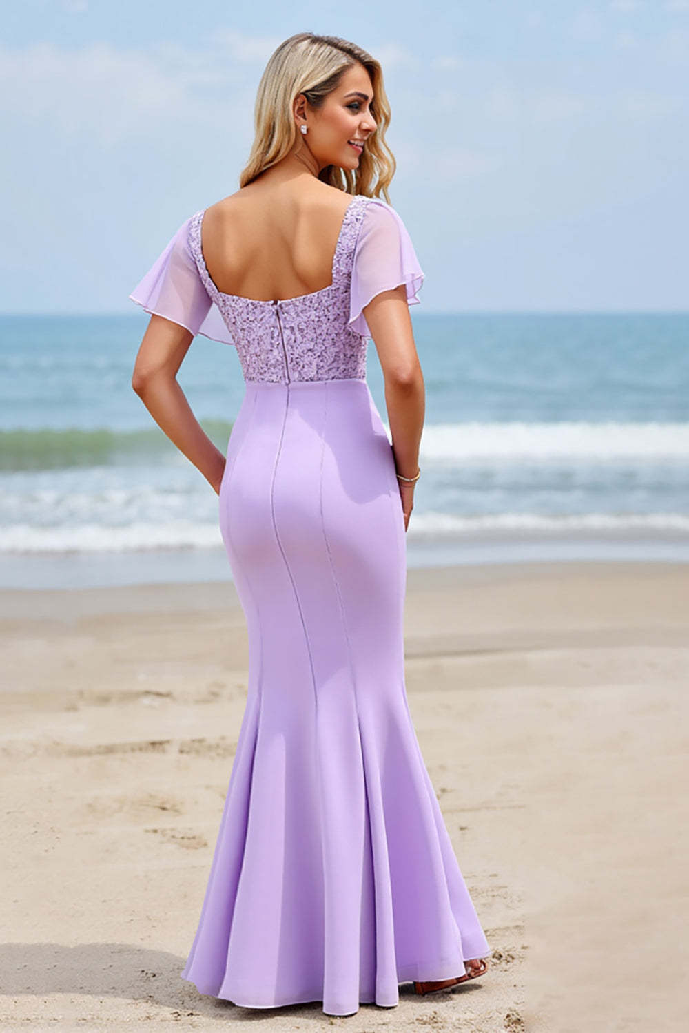 Lilac Chiffon Flutter Sleeves Boho Maxi Bridesmaid Dress with Slit