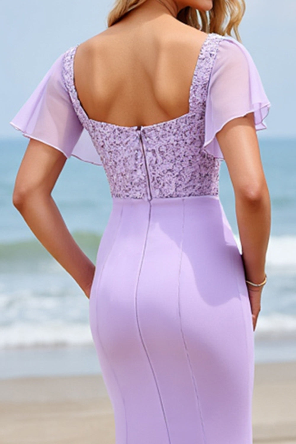 Lilac Chiffon Flutter Sleeves Boho Maxi Bridesmaid Dress with Slit
