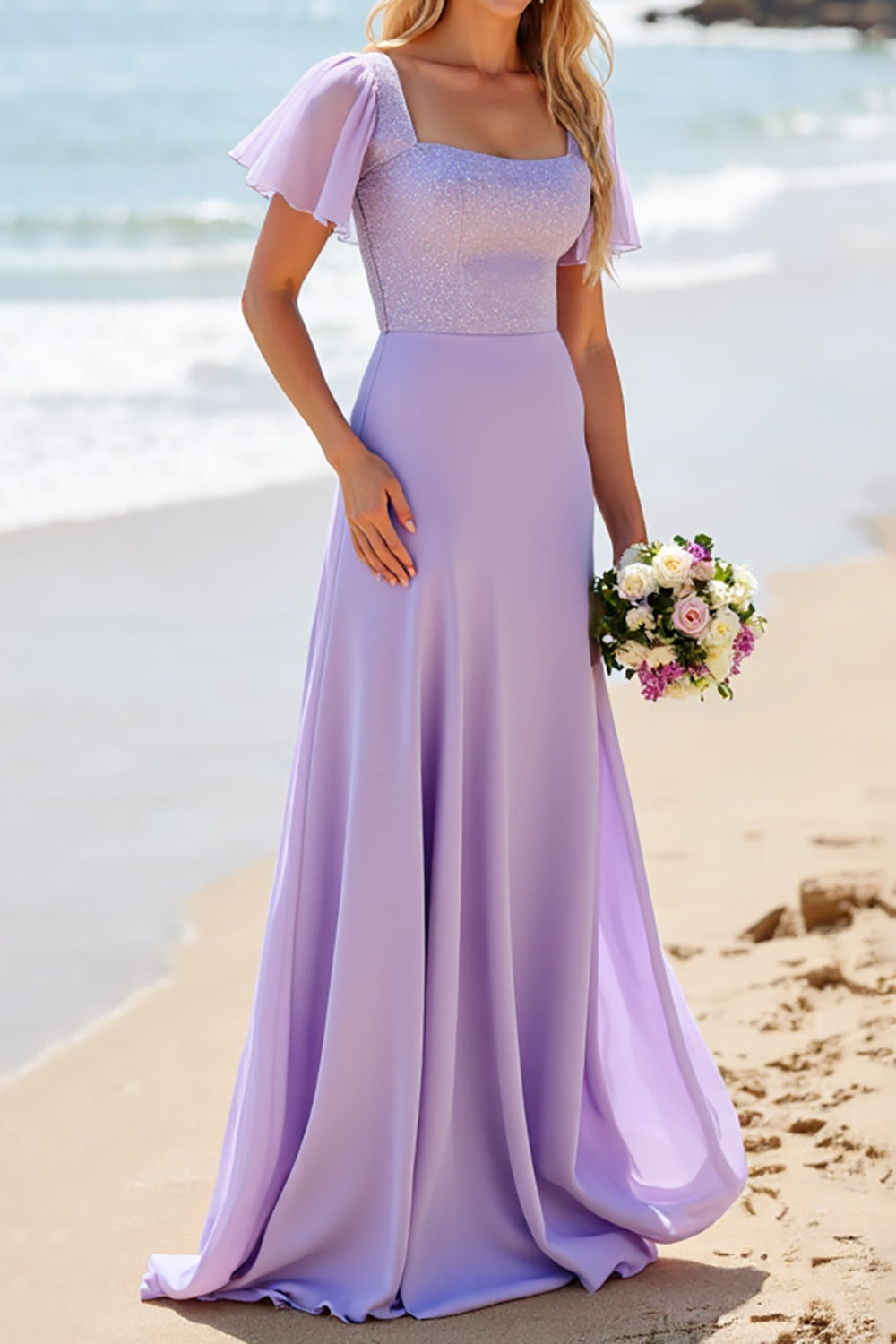 Lilac Flutter Sleeves A Line Boho Maxi Bridesmaid Dress