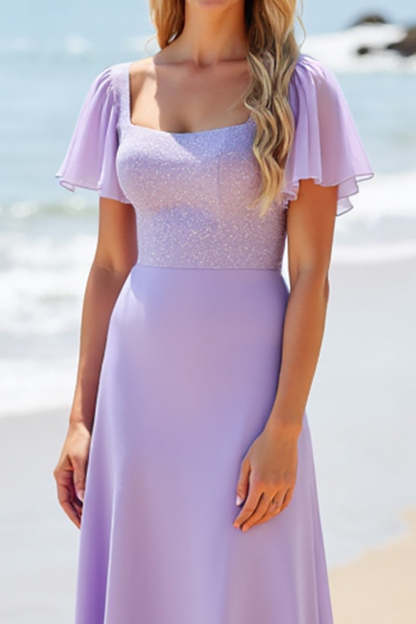 Lilac Flutter Sleeves A Line Boho Maxi Bridesmaid Dress