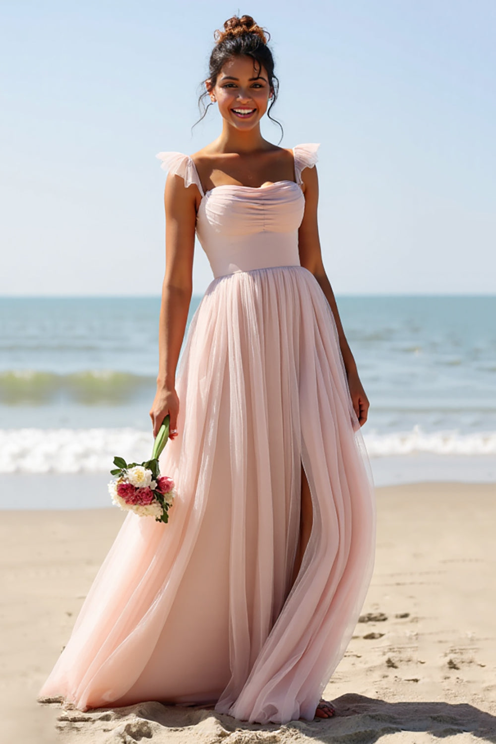 Maxi Candy Pink A Line Boho Bridesmaid Dress with Slit