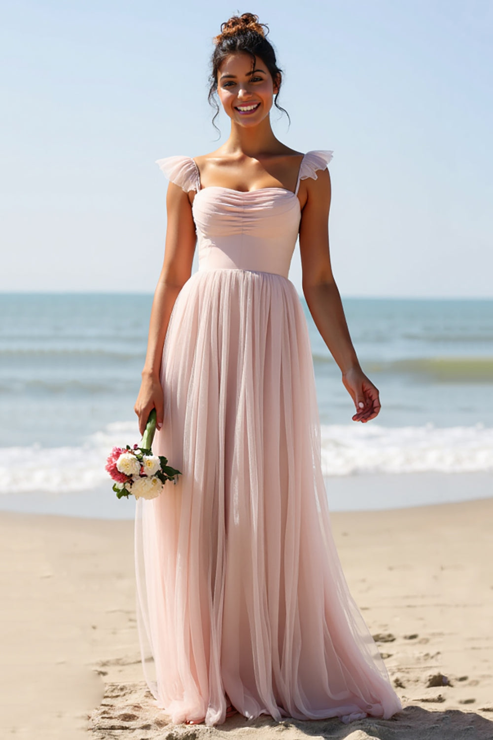 Maxi Candy Pink A Line Boho Bridesmaid Dress with Slit