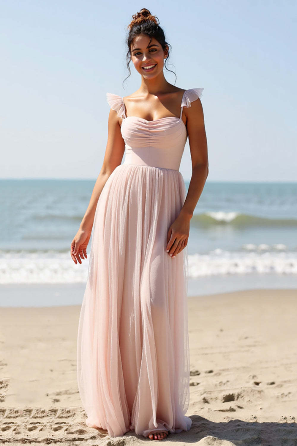 Maxi Candy Pink A Line Boho Bridesmaid Dress with Slit