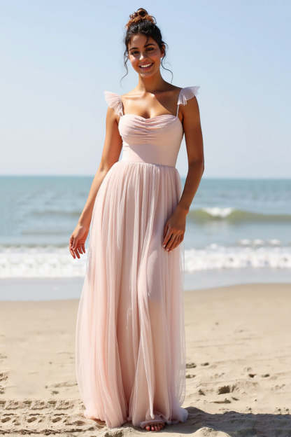 Maxi Candy Pink A Line Boho Bridesmaid Dress with Slit