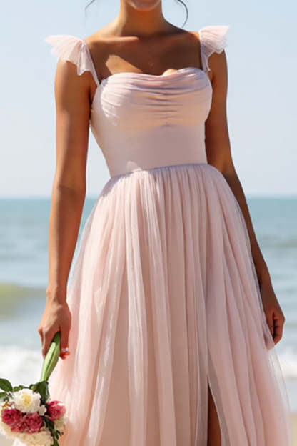 Maxi Candy Pink A Line Boho Bridesmaid Dress with Slit