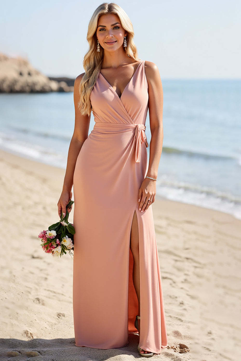 Leely Women Blush V-Neck Boho Maxi Bridesmaid Dress with Slit Spaghetti Sleeveless Wedding Guest Dress
