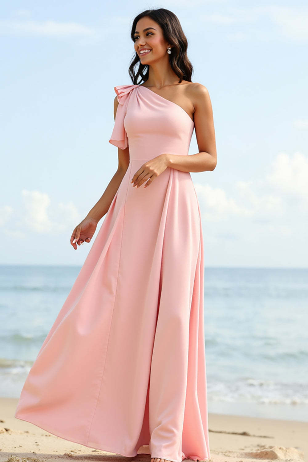 Leely Women Blush Boho Maxi Bridesmaid Dress with Ruffles A Line One Shoulder Ruched Wedding Guest Dress